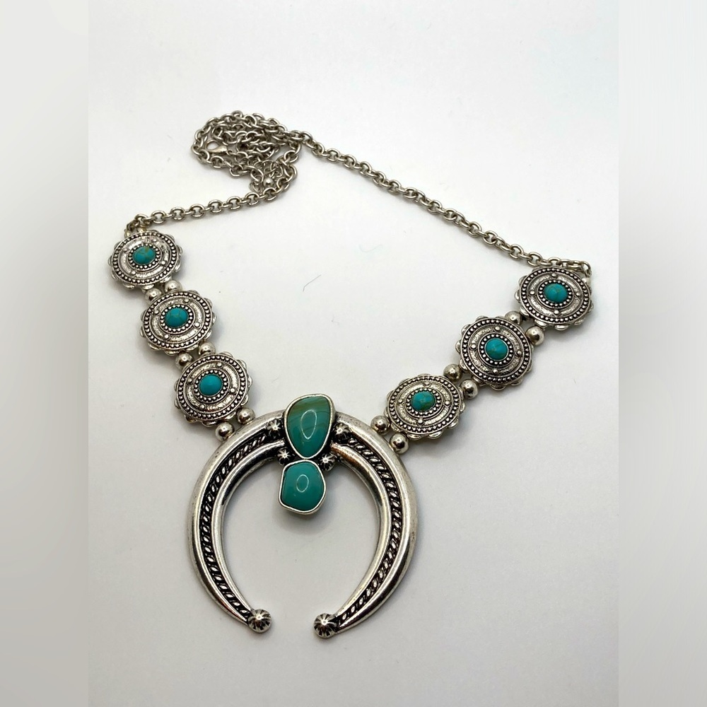 Vtg Faux Turquoise Silver Tone Squash Blossom Style Necklace 22” + 2.5” Ext